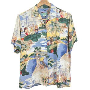 Reyn Spooner Hawaiian Traditions Men Rayon Shirt Small Hula Island Scene Vintage